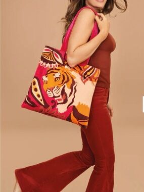 New! Regal Tiger And Florals Velvet Tote Bag By Powder